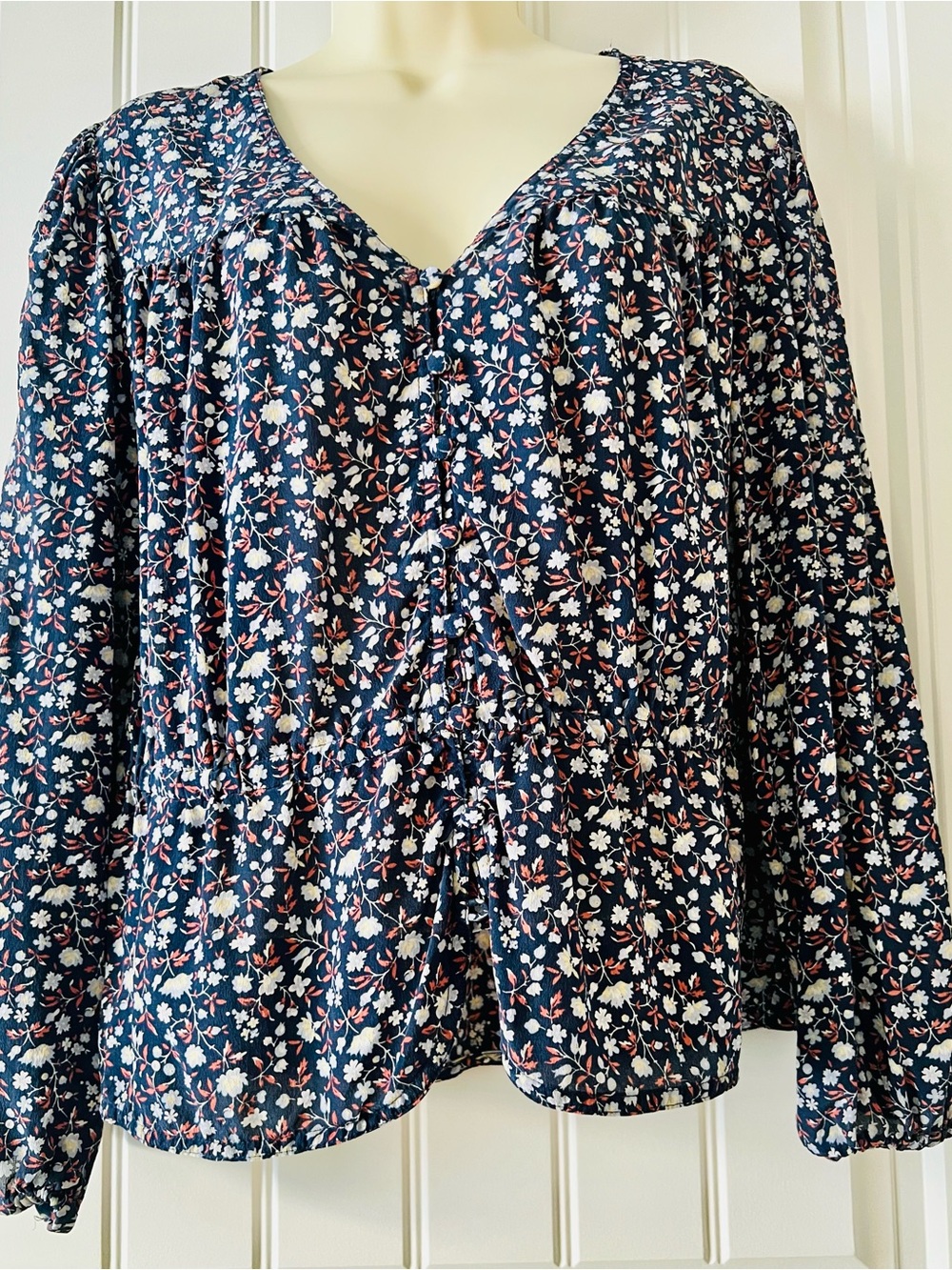 Madewell Silk Navy Floral Boho Chic Long Sleeve Blouse